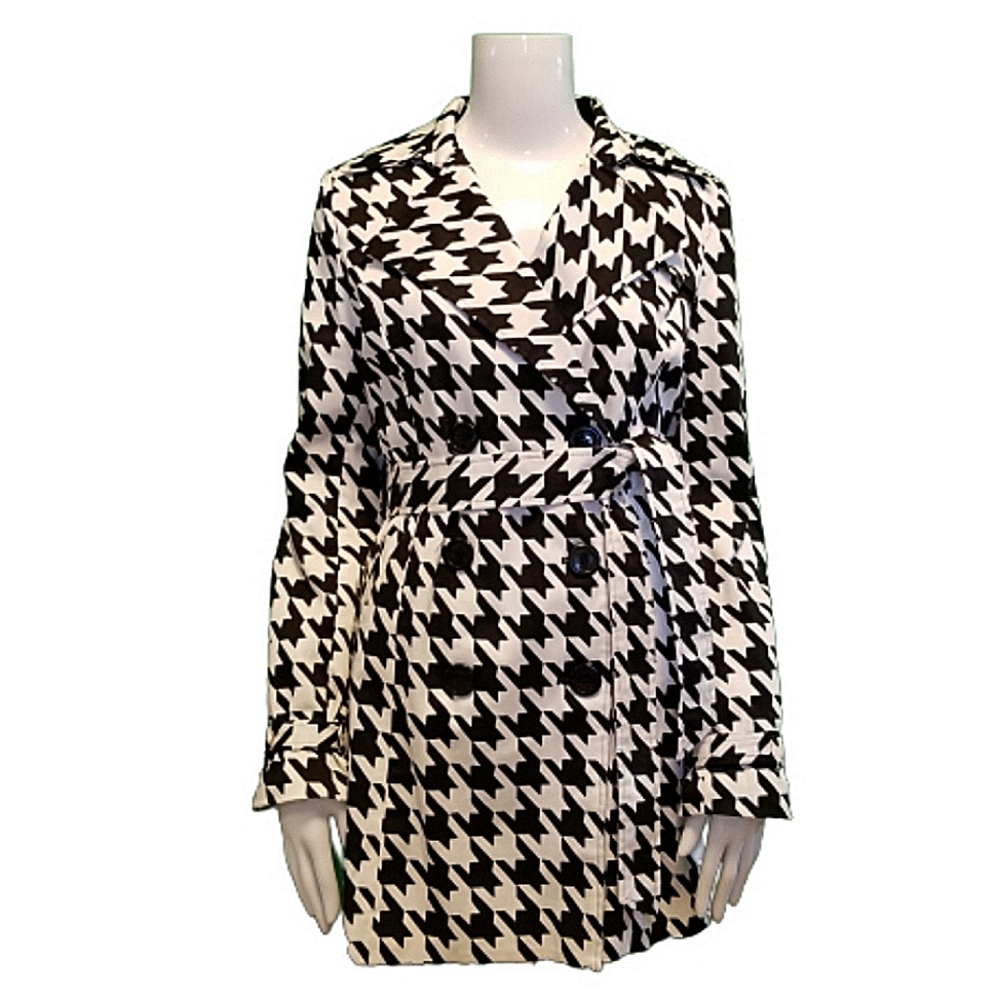 Vertigo Paris Double Breasted Houndstooth Belted Trench Coat